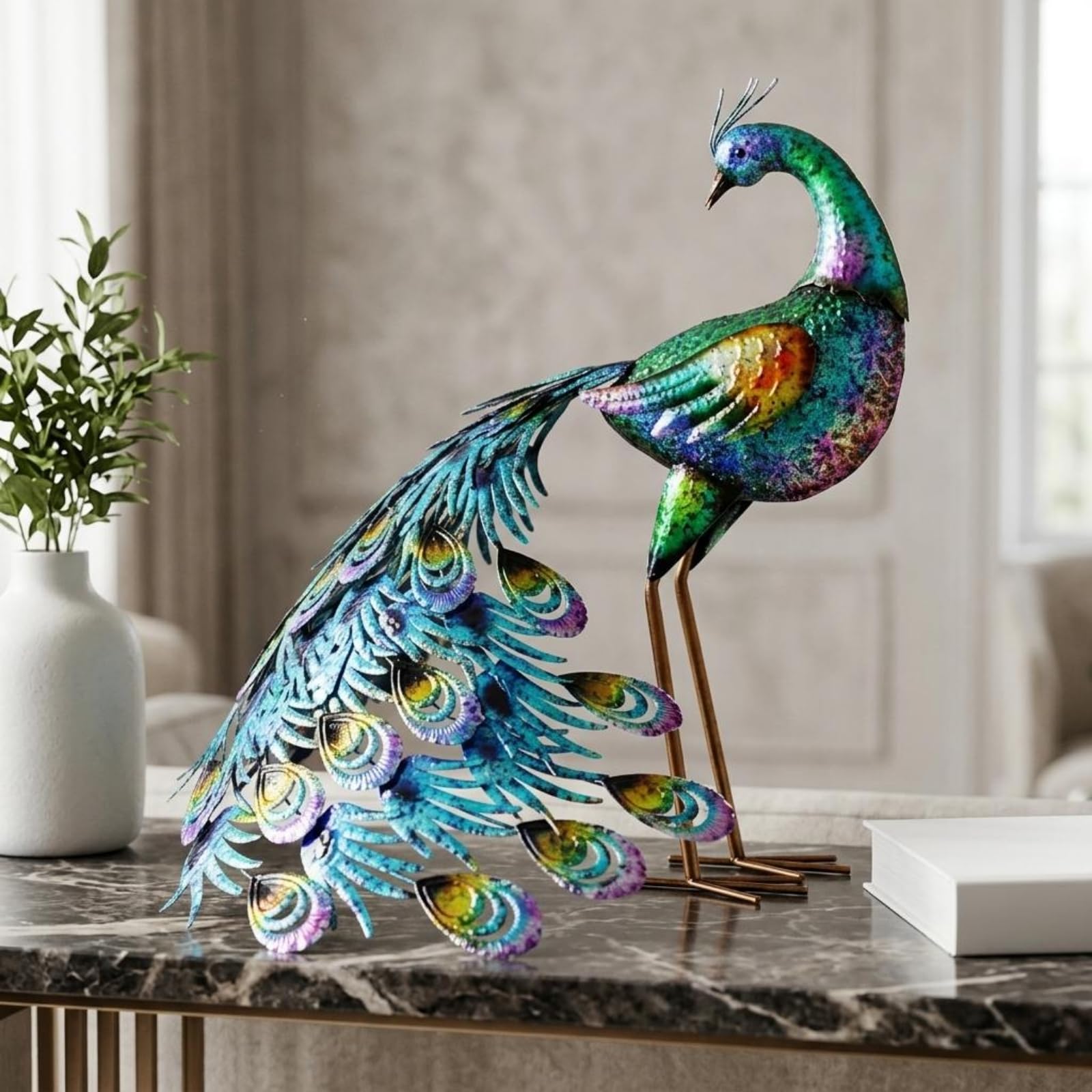 Estatua de Decorativa Figura Escultura Adorno Ornamento Metálico con Diseño Llamativo y Efecto Acogedor Adecuada para, Pavo Real De Cola Grande con Cabeza Recta — Sin Luz — 49.5 45.5 48cm