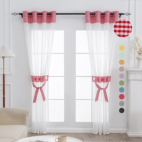 Cortinas traslúcidas blancas de 96 pulgadas de largo, juego de 2 paneles de cortinas rurales para sala de estar y dormitorio con alzapaños en la