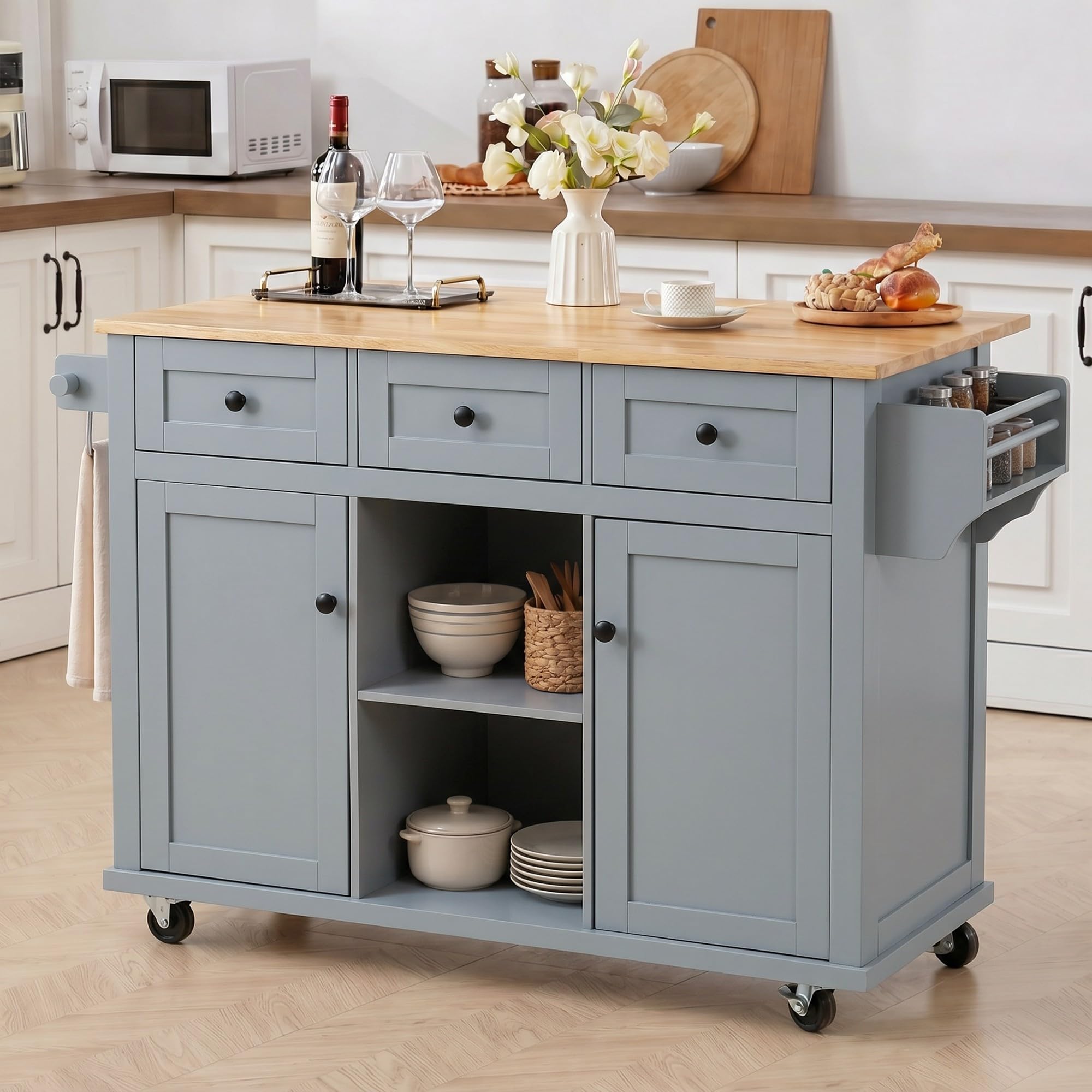 LUMISOL Rolling Kitchen Island with Drop Leaf, Portable Table with 3 Drawers and 2 Cabinets, Wood Kitchen Cart on Wheels with Storage, Gray Blue