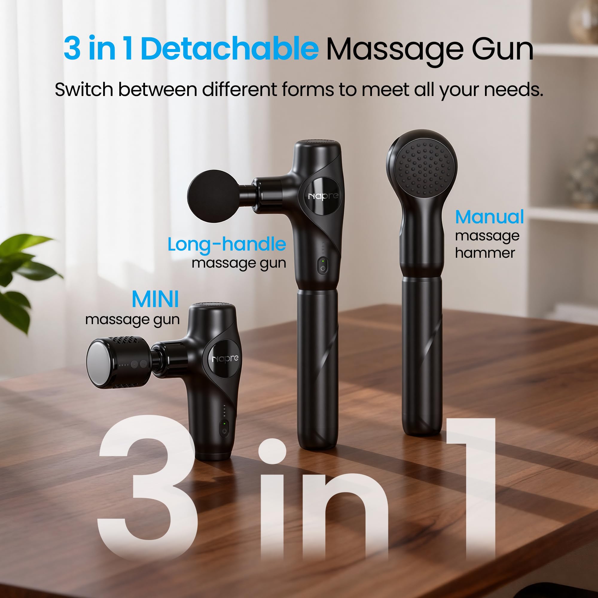 Pistolet De Massage,NAPRE Mini Pistolet de Massage Musculaire avec Tête Chaude et Froide,3 en 1 Pistolet Massage Massage Gun avec Poignée amovible,Silencieux,5 Embouts,Pour Dos épaules,Jambes,Muscles