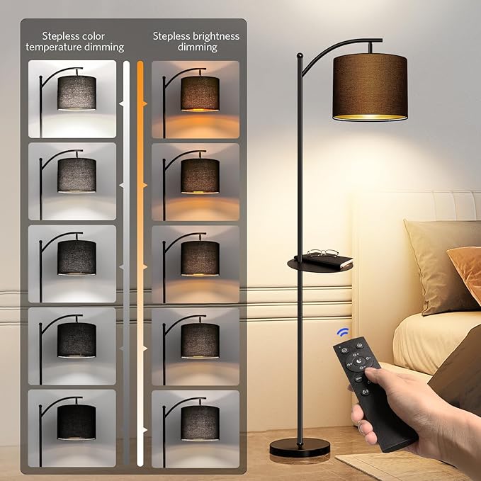 BBHome BBHome LED Floor Lamp with Remote Control and Dimmable Bulbs, Stepless Dimmable, Standing Lamp with Removable Shelf for Living Room, Bedroom, Office, Black and Gold photo 2