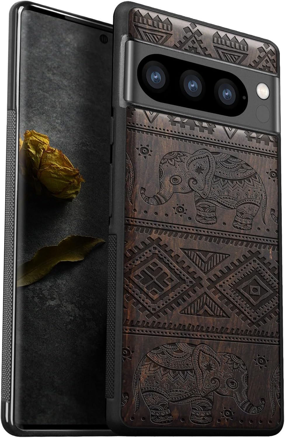 Carveit Wood Case for Pixel 8 Pro Case [Natural Wood & Black Soft TPU] Shockproof Protective Unique Wooden Cover Compatible with Google Pixel 8 Pro (Ethnic Elephant-Blackwood)