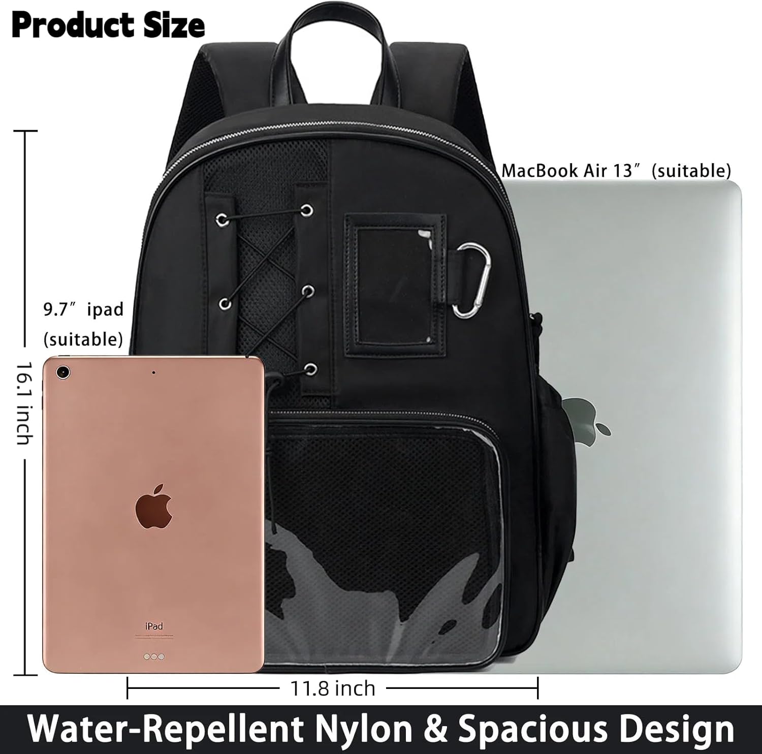 TTCAYU Ita Bag Backpack Kawaii Pins Display Bag with insert Cute Daypack for Teens Girls Boys Black Nylon