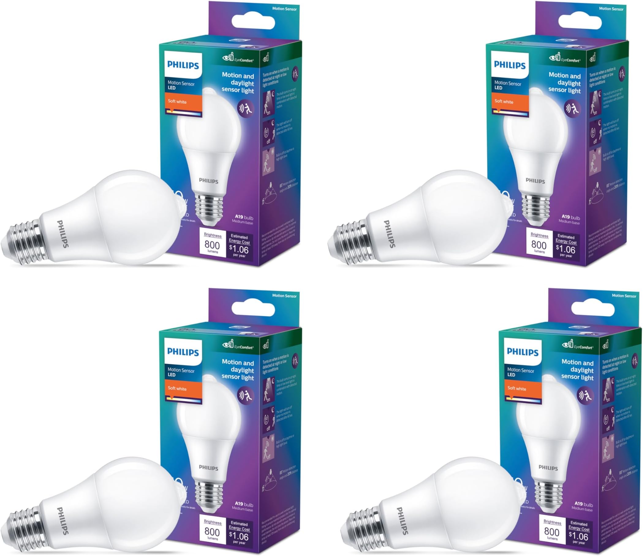 Philips LED 60W A19 4-Pack Motion Sensing Soft White (2700K) 800 Lumen ...