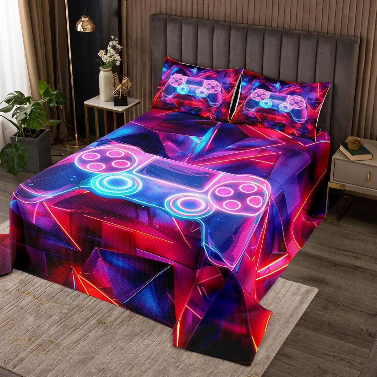 jejeloiu Gamer Bedspread King Size Kids Game Controller Coverlet for Boys Teens Gaming Gamepad Gifts Coverlet Set Game Room Decor Purple Room Decor