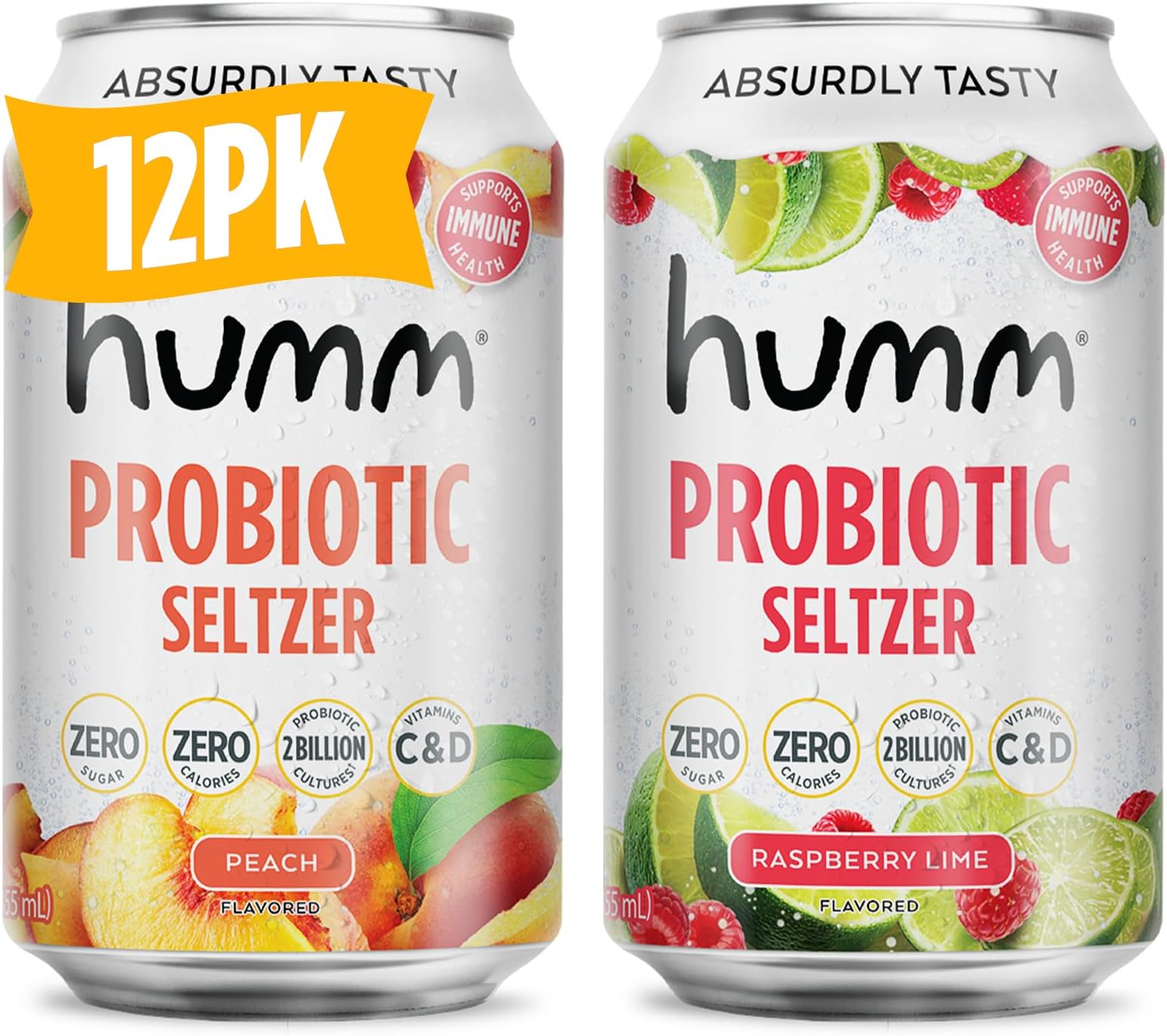Sparkling Water Variety Pack, Peach & Raspberry Lime Seltzer, Zero Sugar, Zero Calorie, Whole30 Approved Probiotic Drink, 2 Billion Probiotics, Vitamin C, D, and B12, 12 fl oz (12 Pack)