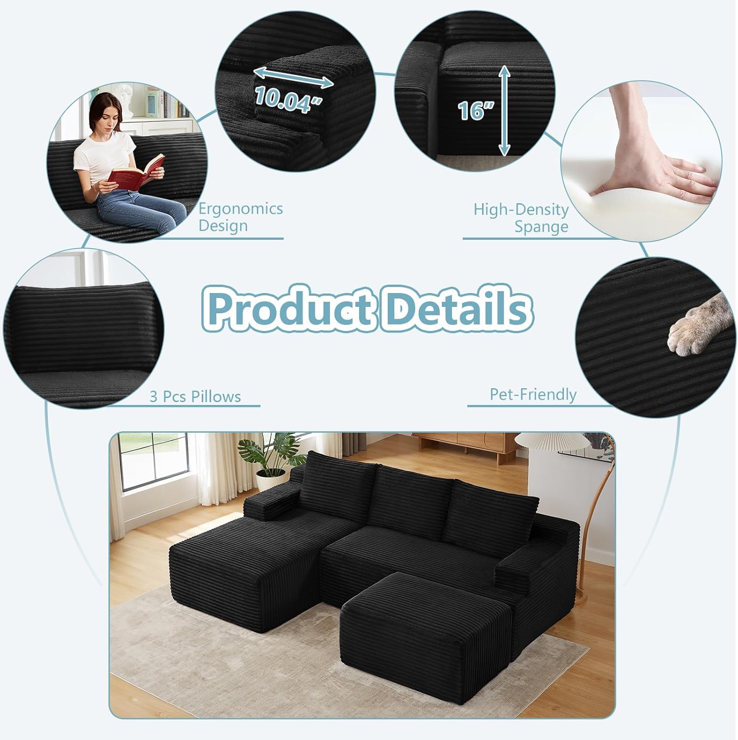 96" W Cloud Sectional Couch with Ottoman,Modern U-Shaped Cloud Couch with Side Pockets,Comfy Corduroy 3-Seater Sofa,Memory Foam Sofa for Living Room,No Assembly (Black,Left-Facing Chaise)