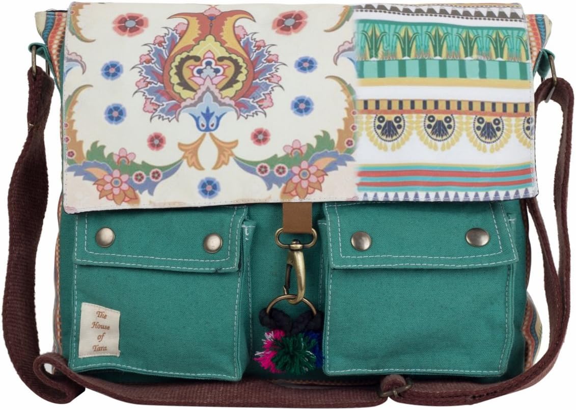 The House of Tara Teal Green Vintage Crossbody Canvas Sling Messenger bag with Stylish Design for Women
