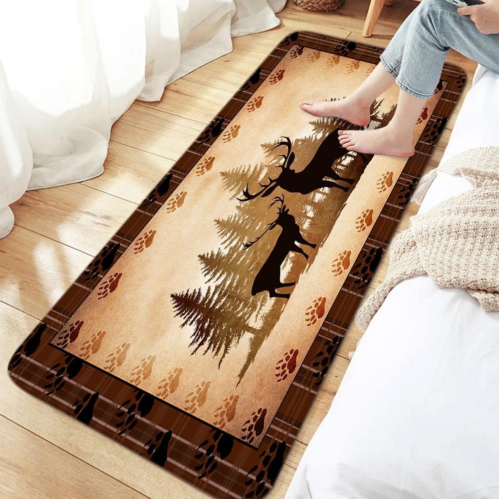 Rustic Cabin Lodge Deer Bath Rugs for Bathroom, Forest Animal Vintage Print Country Farmhouse Wooden Board Bathroom Rug Bath Mat Set Floor Mats, Hunting Camping Brown Doormat Outdoor Indoor 17X48in