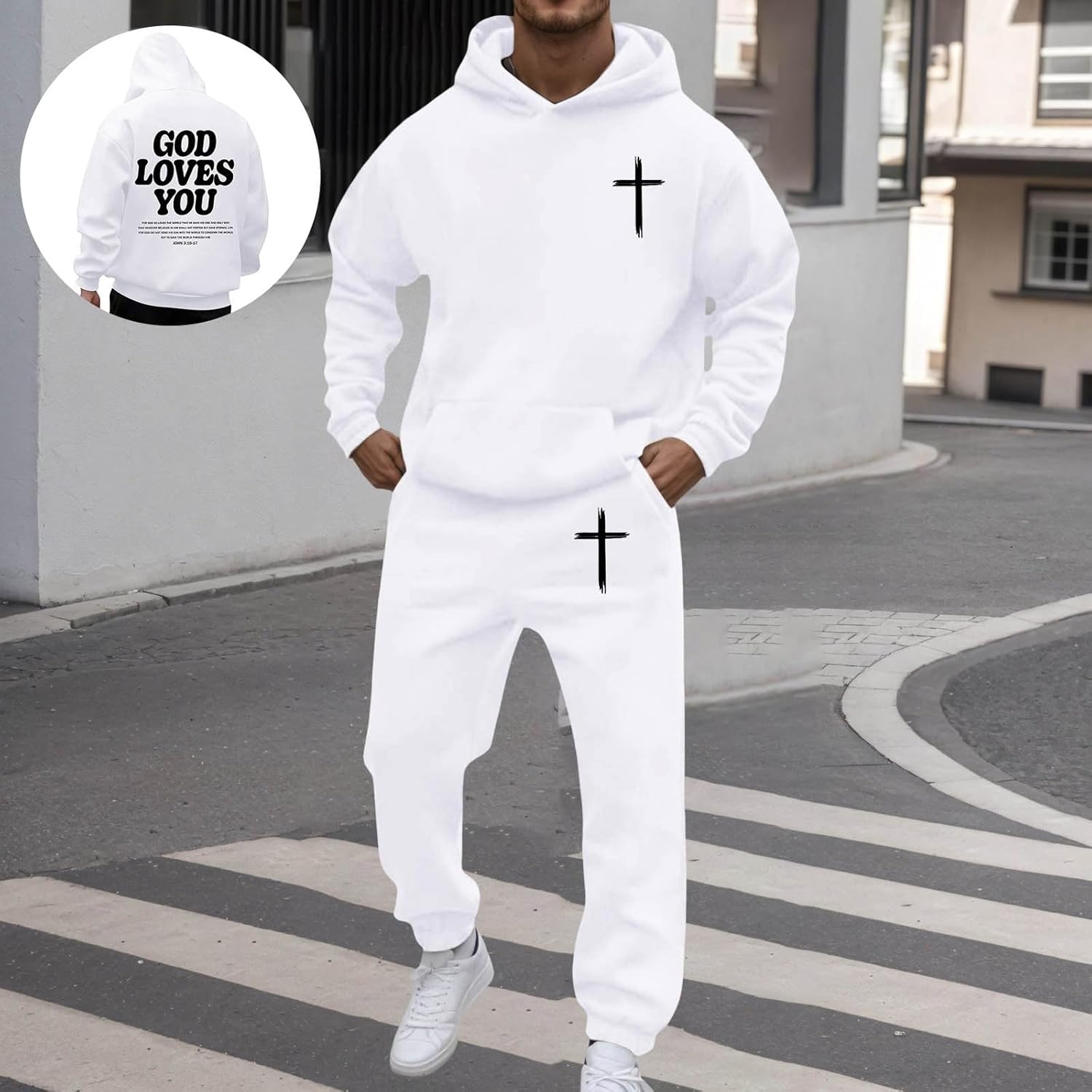 Men's Tracksuit 2 Piece God Loves You Christian Faith Hoodies Sweatshirts and Jogging Sweatsuits Sets Gym Sweat Suits White XL