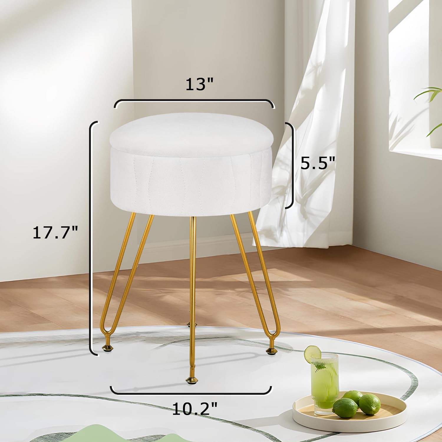 VECELO Vanity Stool with Storage, Velvet Chair for Vanity, Strong Metal Legs, Anti-Slip Feet, Padded Seat for Make Up, Bedroom, Living Room, Entryway, White