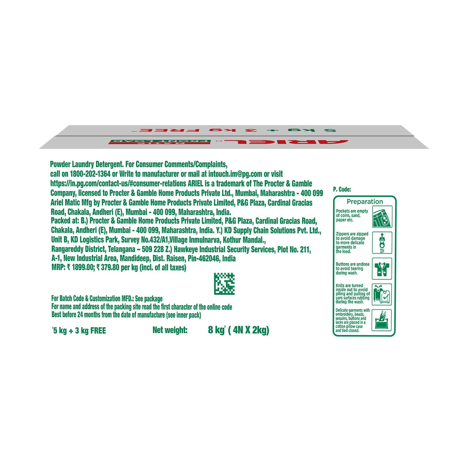 Ariel Matic Detergent Powder Front Load - 5kg + 3kg + 500ml Liquid free | Removes 100 Tough Stains in 1 wash | Specially Designed for Washing Machines | Fresh Fragrance - Image 9 thumbnail