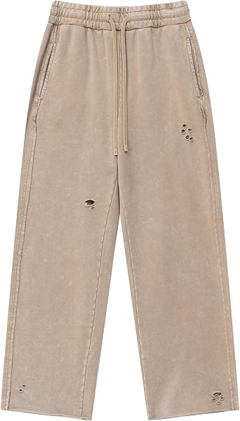 Mens Acid Wash Ripped Sweat Pants Athletic Joggers Hip Hop Raw Edges Cut Crush Distressed Frayed Wide Leg Sweatpants