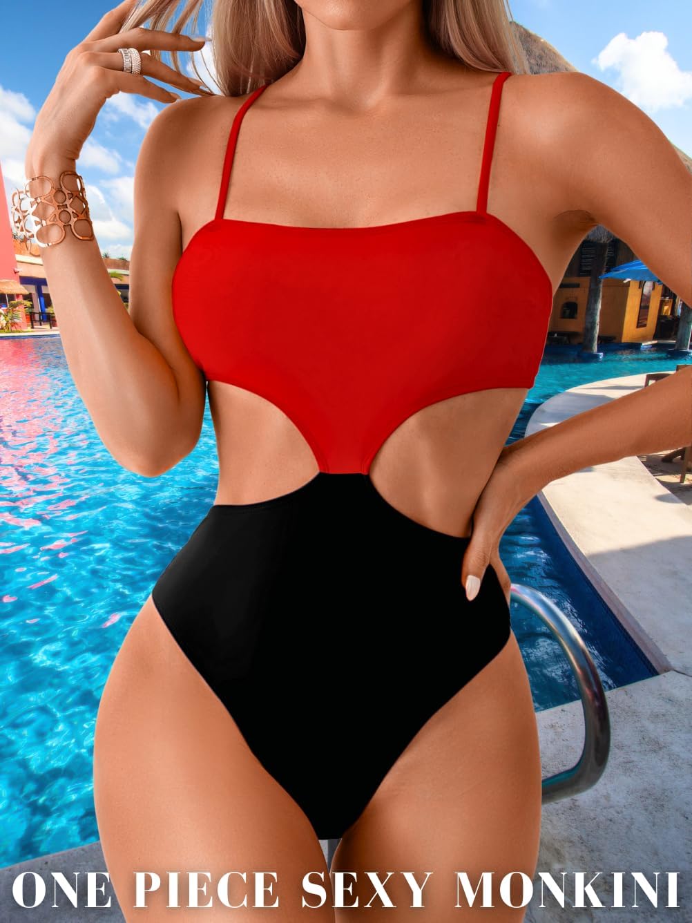 Color Block Swimsuit,Cut Out Sexy Monokini Women,Cheeky One Piece Swimsuits Beach Cruise Pool Party - Image 2