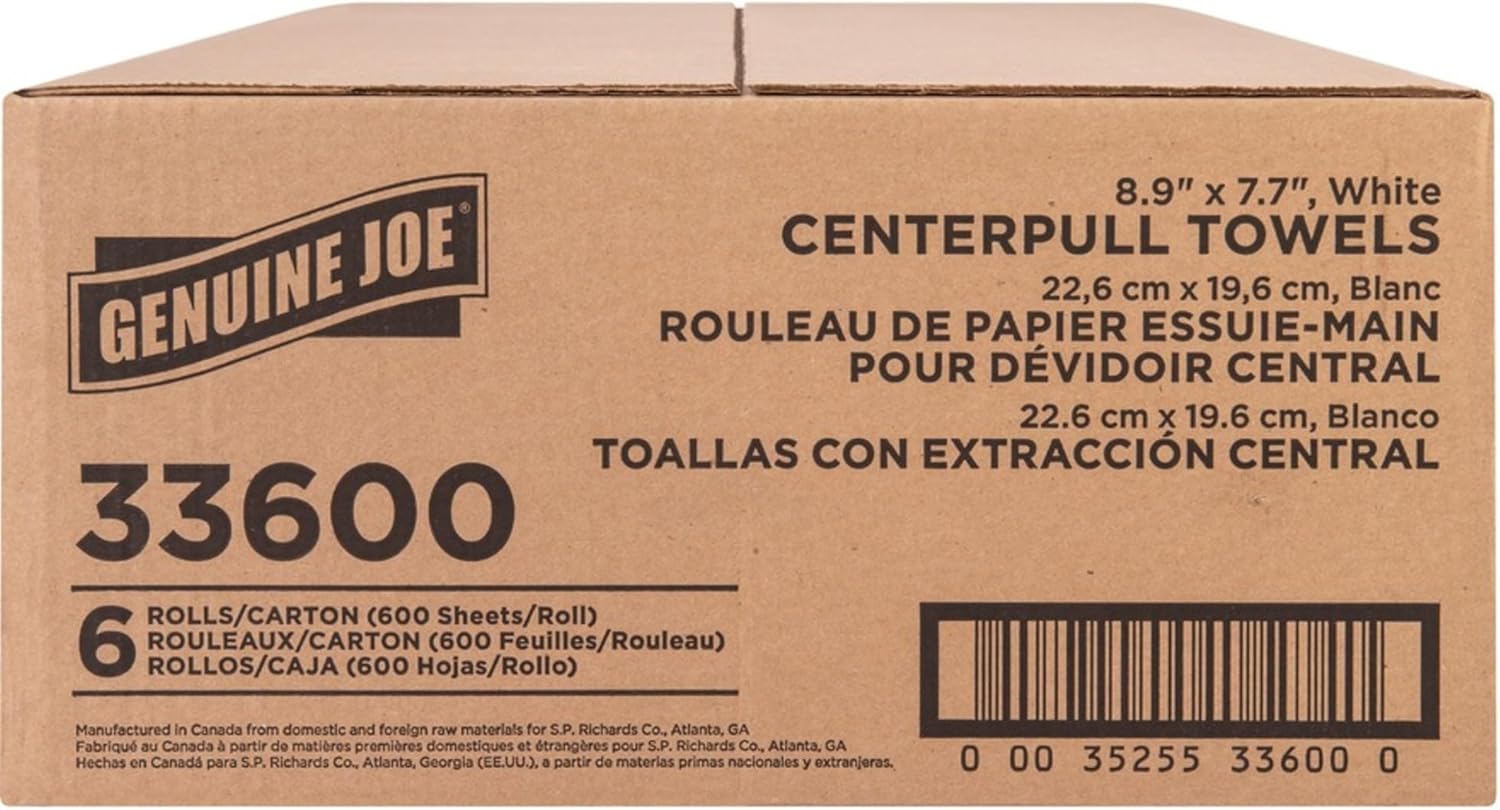 Genuine Joe Centerpull Towel Rolls - 8.13" Width x 7.56" Length - 600 Sheets/Roll - 3" Core - White - Virgin Fiber - 6 / Carton