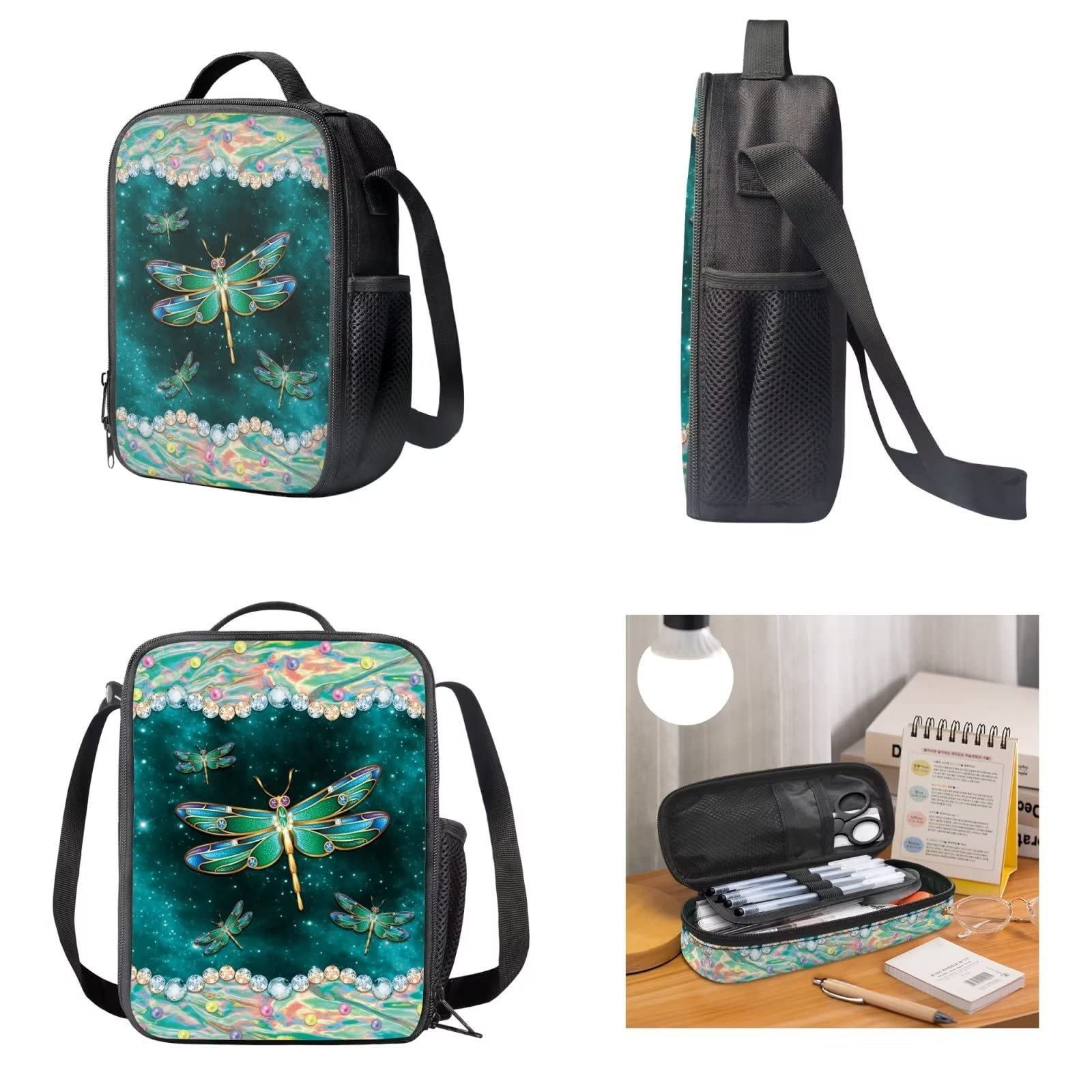POLERO Mochila escolar de caballos para niños, juego de bolsas de almuerzo, estuche para lápices, 3 piezas, bolsas escolares, Libélula brillante, Talla única, Mochila infantil