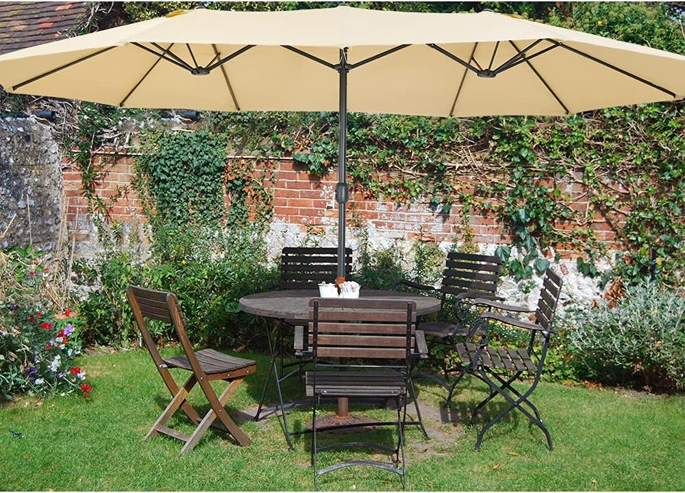 Patio Watcher 15 Ft Patio Double Sided Umbrella with Base, Extra Large Twin Outdoor Market Patio Table Umbrella with Crank and Base, Beige