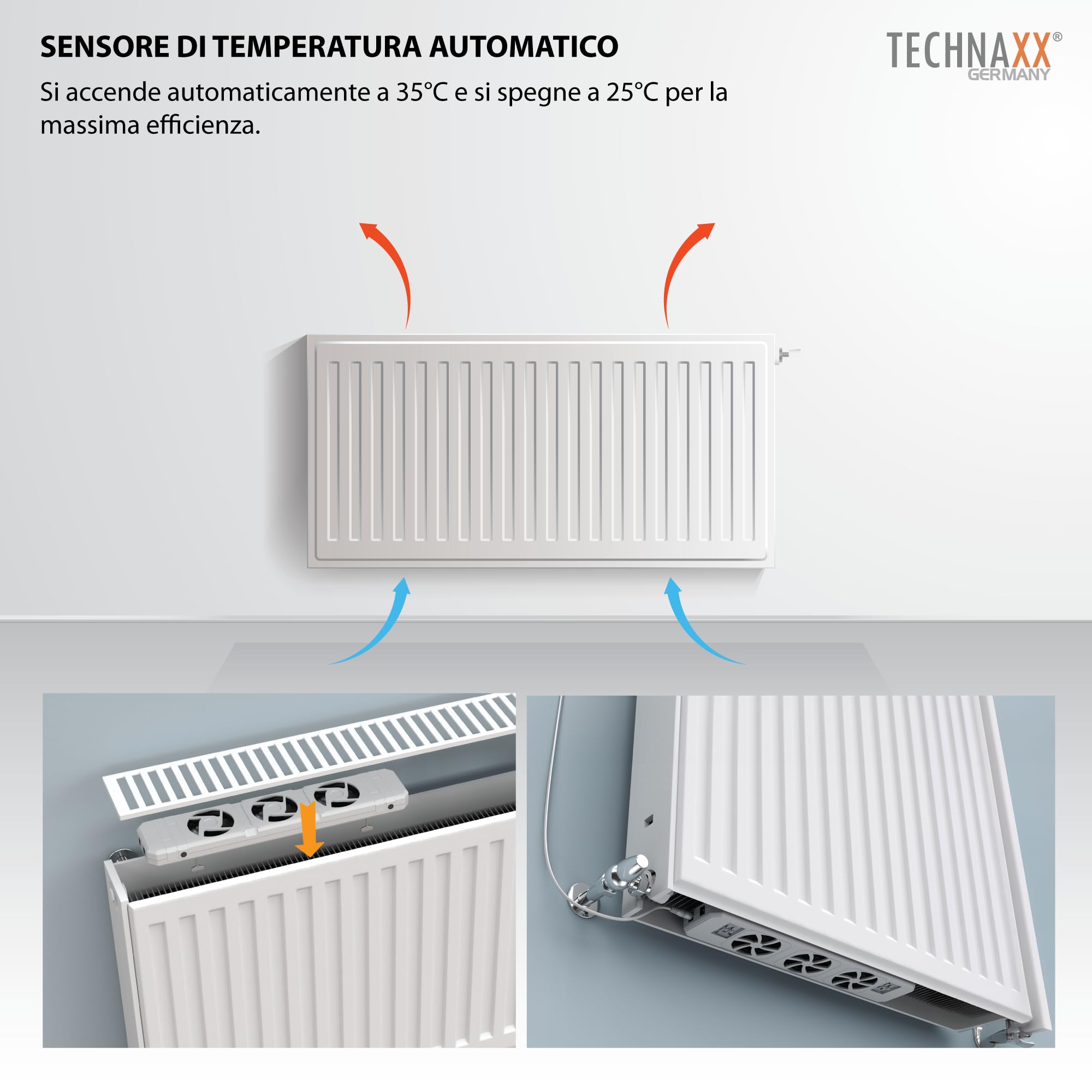 Technaxx Ventilatore per radiatore Mono Set per radiatori da 50–70 cm, potenziatore per radiatore con sensore di temperatura, accensione/spegnimento automatici, ultra silenzioso, consumo ≤1W - TX-302