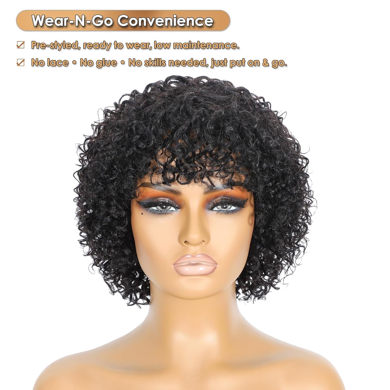 Curly Human Hair Wig with Bangs, Glueless Short Wigs for Black Women, Natural Black Bob Wig Human Hair Machine Made 1B