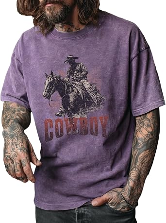 Graphic Summer T Shirt for Men Purple Cotton Vintage Washed Crewneck Short Sleeve Casual Tee Streetwear Cowboy Print Oversized Loose Fit Workout Y2K Retro Plus Size Muscle Gym Tops,M