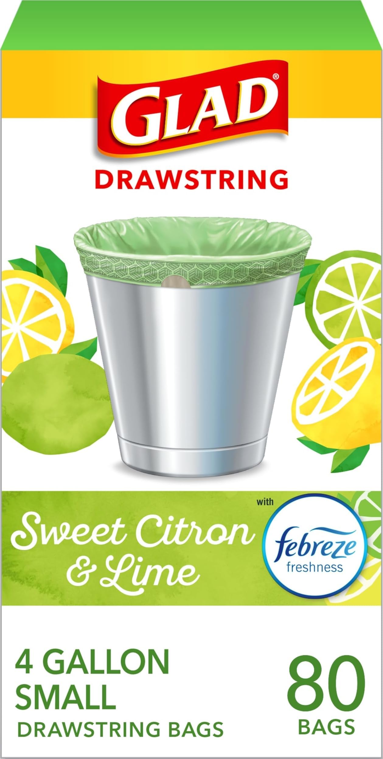 Glad Small Trash Bags, Great for Office, Bathrooms and Bedroom Bins, Sweet Citron and Lime Scented Garbage Bags, Odor Resistant with Drawstring, Febreze Freshness, 4 Gallon Trash Bags, 80 Count