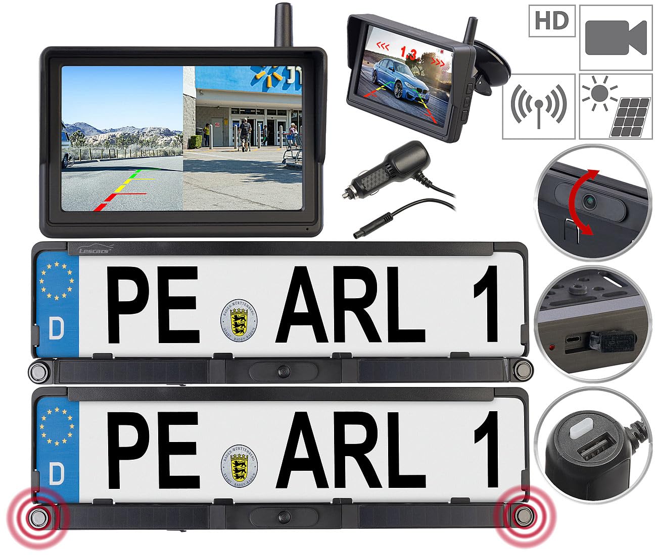 Lescars Einparkhilfe nachrüsten: Solar-Funk-HD-Front- & Rückfahrcam, Splitscreen-Monitor Abstandswarner (Einparkhilfe nachrüsten kabellos, Parksensoren kabellos, IP)