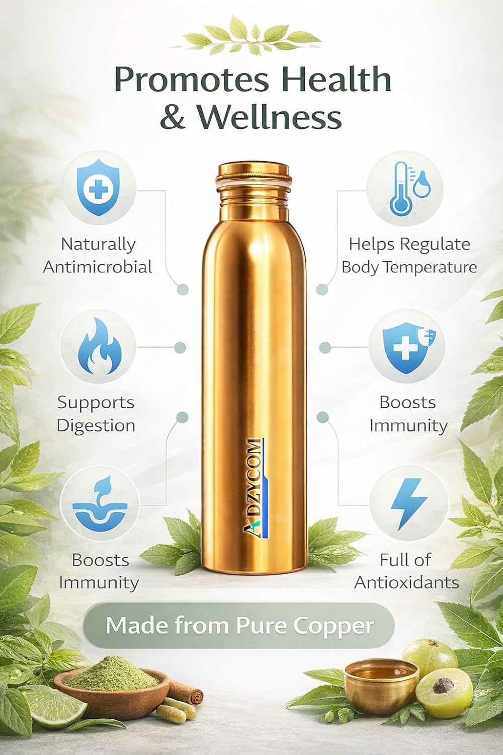 Premium Pure Copper Water Bottle 1 Liter, Handicrafted Ayurvedic Drinking Bottles for Health & Leak Proof BPA Free Metal Water Vessels, for Home Travel Gym, 100% best Gift for Men & Women