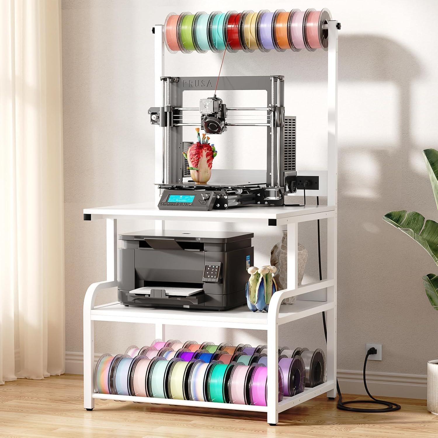 Homieasy Printer Stand with Charging Station, 29.1″ x 22.8″ Large 3D Printer Table with Filament Storage, Heavy Duty Rolling Printer Cart with 4-Tier Storage for Workshop/Office/Garage, White
