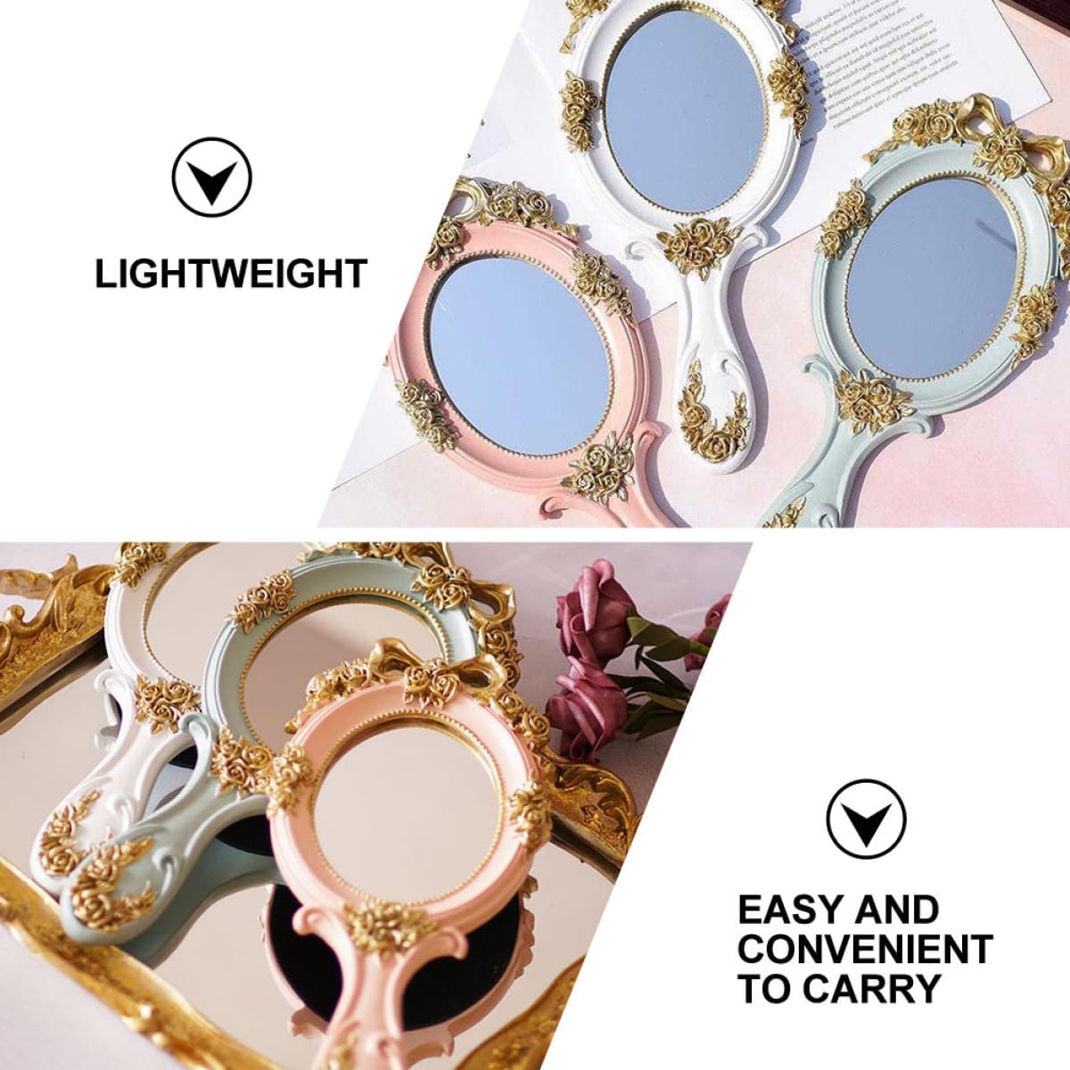 Abaodam Handheld Vanity Mirror with Handle White Cosmetic Mirror for Women Retro Style for Home and Travel Use