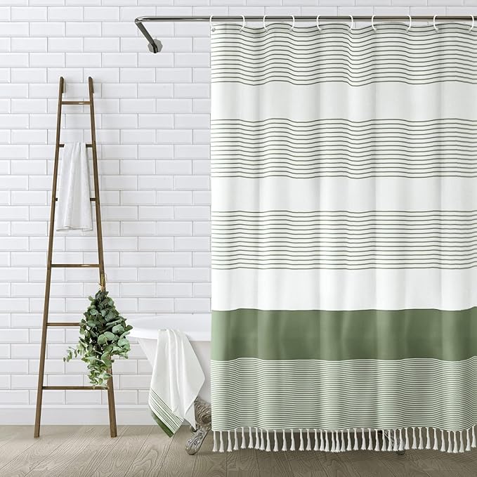 Awellife Boho Sage Green Shower Curtain for Bathroom Stripe Tassel Shower Curtain 72 X 72 Inches Farmhouse Linen