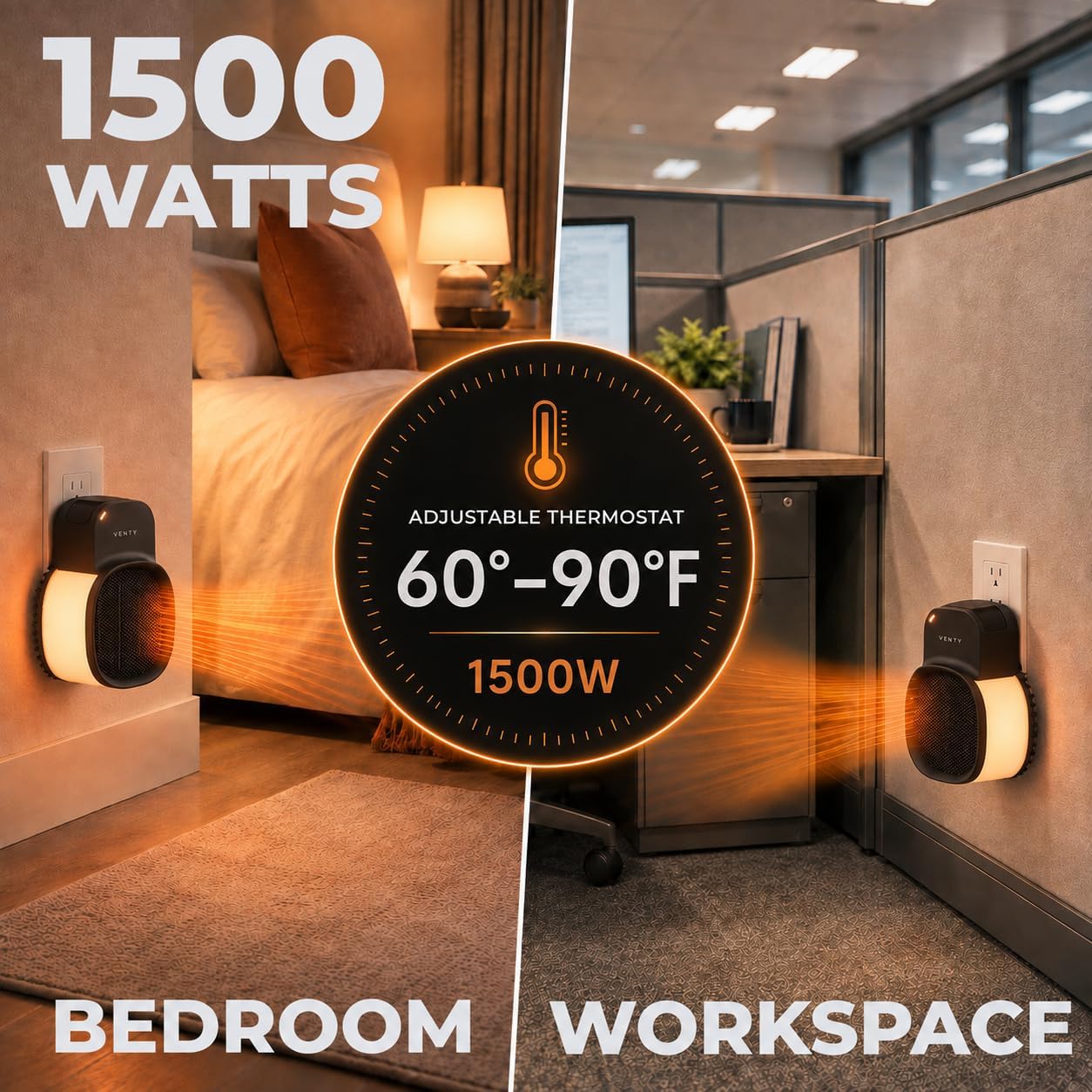Venty Cozypod 1500W Electric Space Heater for Bedroom – Plugin Wall Heater with Thermostat, Rechargeable Remote, Nightlight & Carrying Case – Portable Lightweight Room Heater