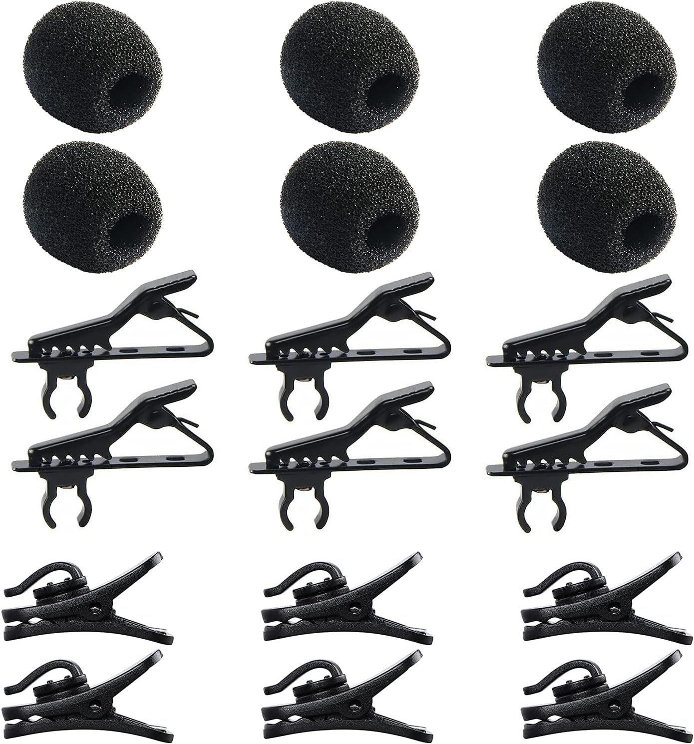 AUGSUN 18Pcs Lapel Microphone Clips Replacement Kit, 6Pcs Lavalier Mic Clips Metal Tie Clips Lavalier Microphone Clips, 6Pcs Windscreen Foam Cover and 6Pcs Plastic Wire Clips