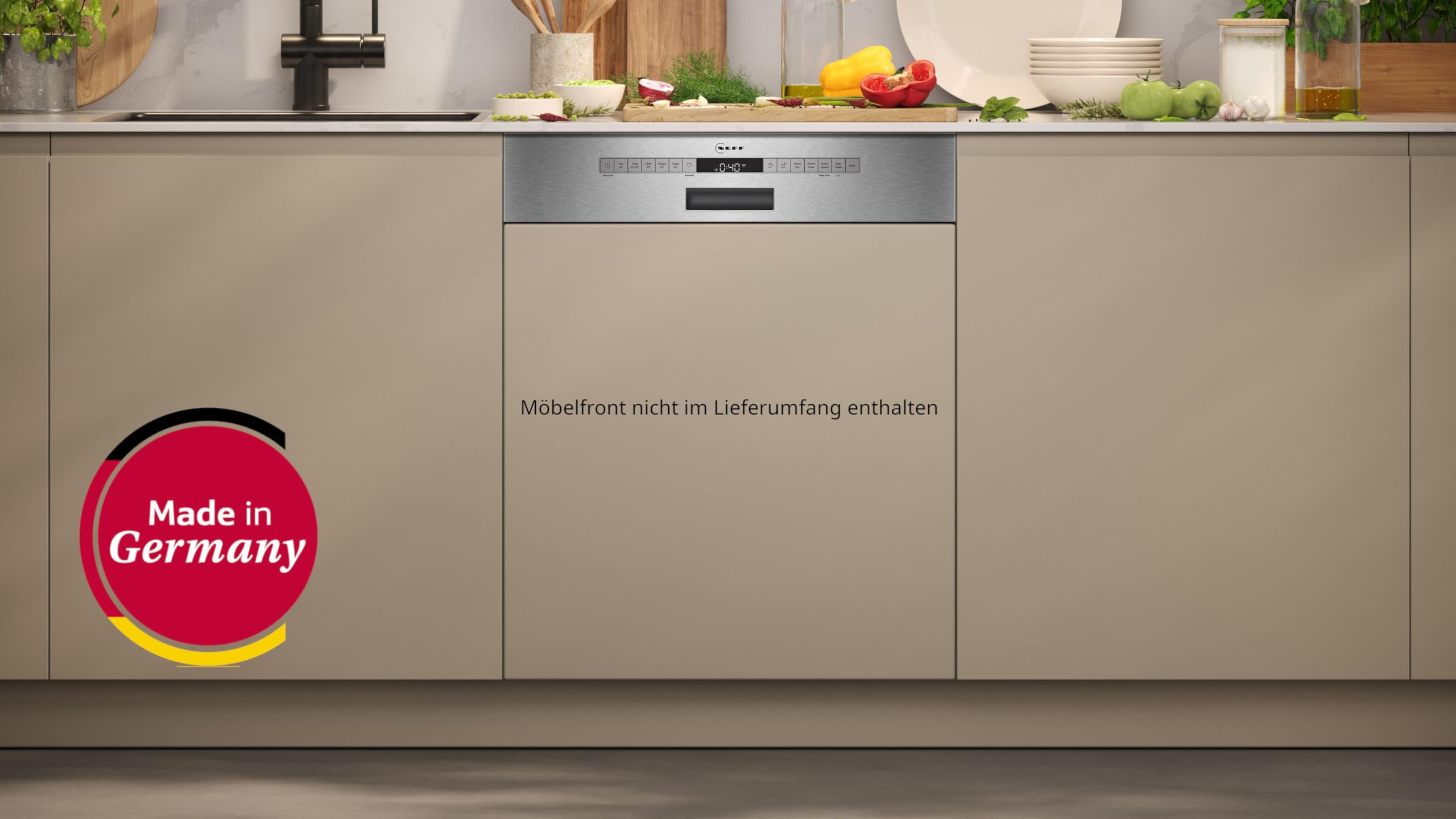 NEFF S245ECS15E N 50 Smarter XXL-Geschirrspüler Teilintegriert 60 cm Spülmaschine mit Besteckschublade Open Dry Smart Start höhenverstellbarer Oberkorb Gebürsteter Stahl