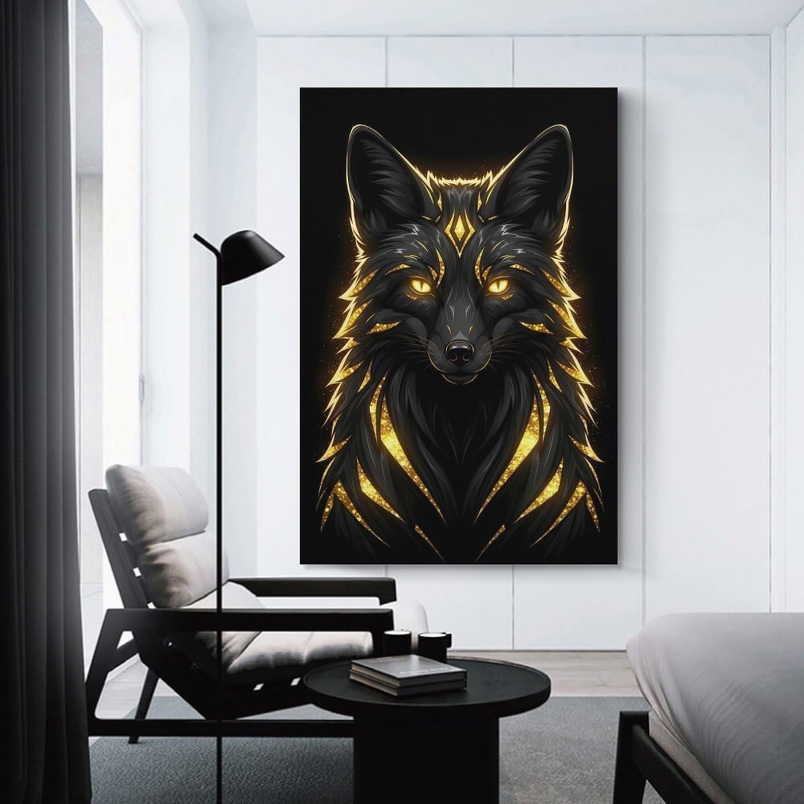 Junmoney Unframe-Style-1 Hanging Wall Art Black And Gold Fox Portrait, 24X36inch(60X90cm), For Gallery Wall Layouts In Home Or Office, An Easy Match For Collected Prints