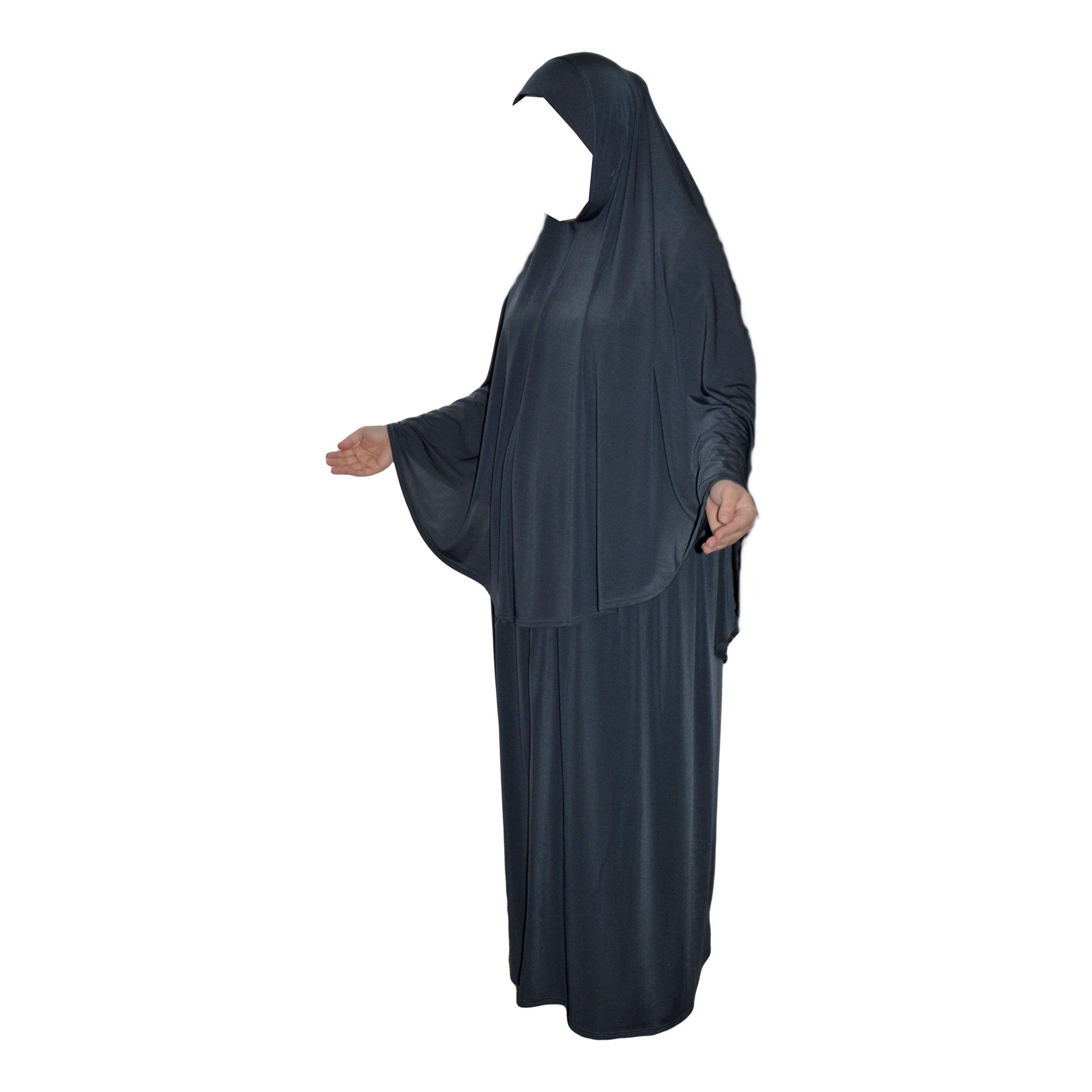 Prayer Set Two Piece (Khimar + Skirt) One Size Pull on Headscarf Stretchy Lycra Ideal Everyday/Home/Work/Travel/Hajj/Umrah/Mosque/Madrassa/Ramadan/Eid/Gift (Grey)
