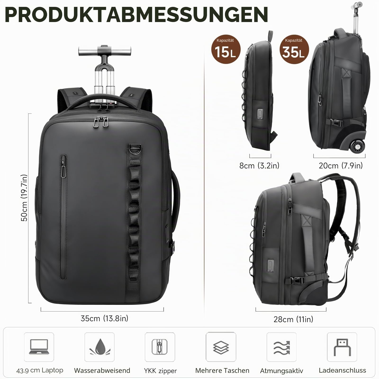 2-in-1-Reiserucksack mit Rollen, 50L Rucksack Trolley mit 17,3" Laptopfach - Handgepäck mit USB-C-Anschlüssen für Geschäftsreise, Hochschulen & Wochenendtrip