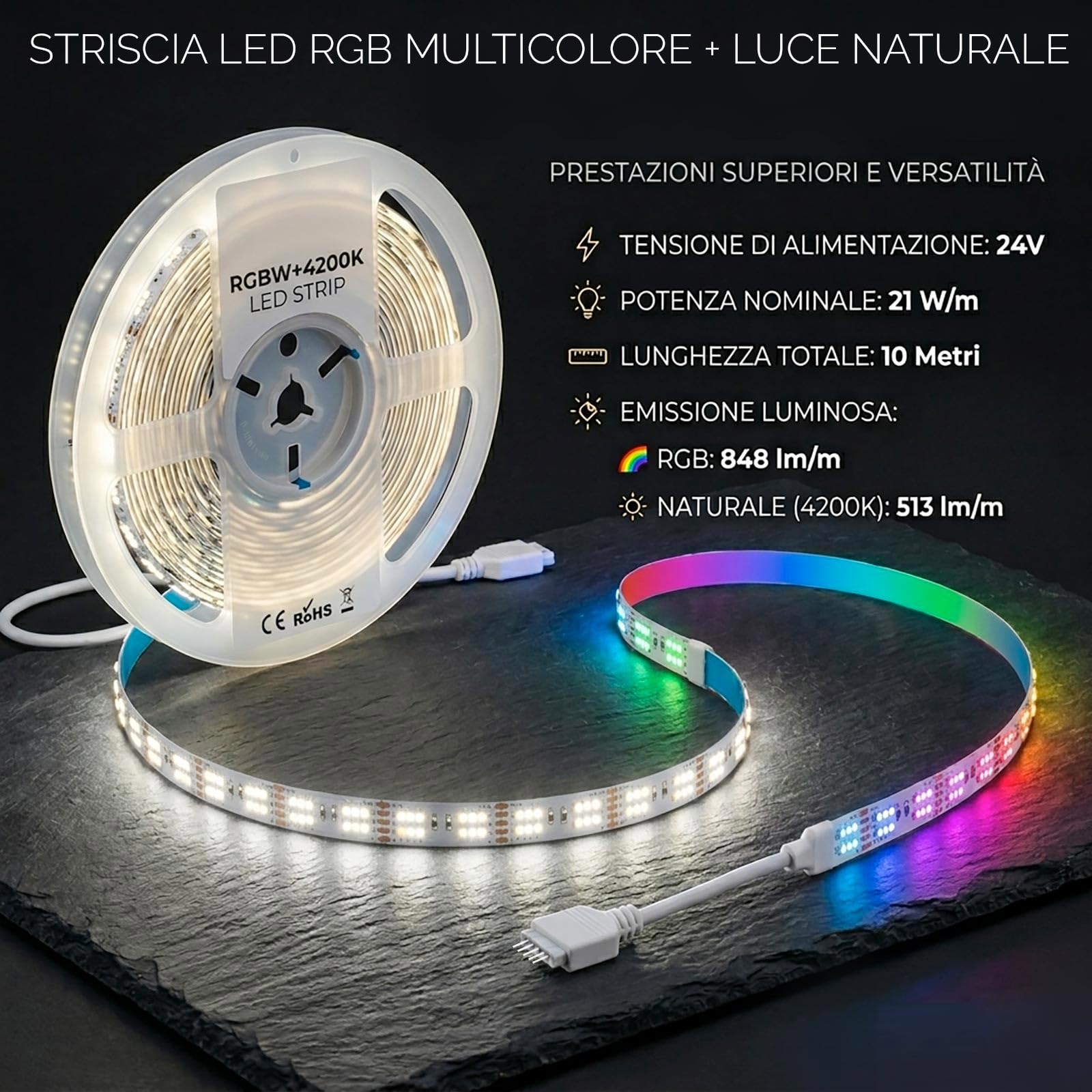 KIT Professionale Striscia Micro LED 1612 RGB Multicolore RGBW Luce 4200K 24V 576 LED/m 210W Illuminazione Interni, Bar, Locali, Pub, Completa di Centralina con Telecomando e Alimentatore 10 metri