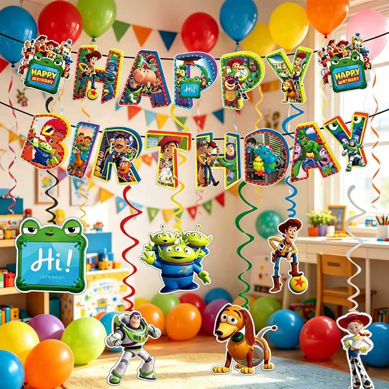 For Toys Happy Birthday Banner, Party Decoration With 6 Vortex Decorative Pendants image 4