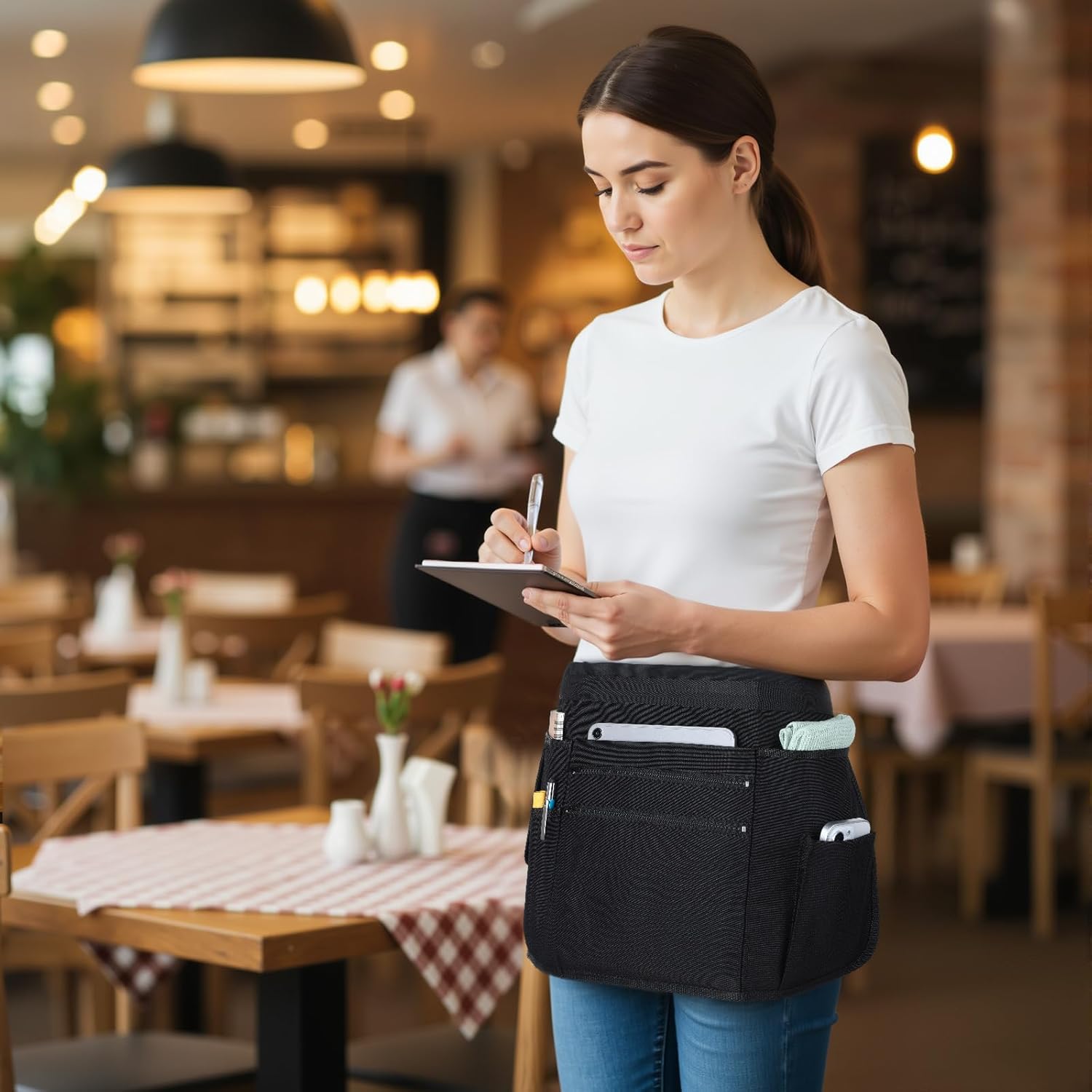 Waitress Server Apron with Multiple Pockets Waterproof Half Apron with Adjustable Belt for Women/Men Waist Aprons for Restaurant, Bar, Bistro (Black) - Image 6