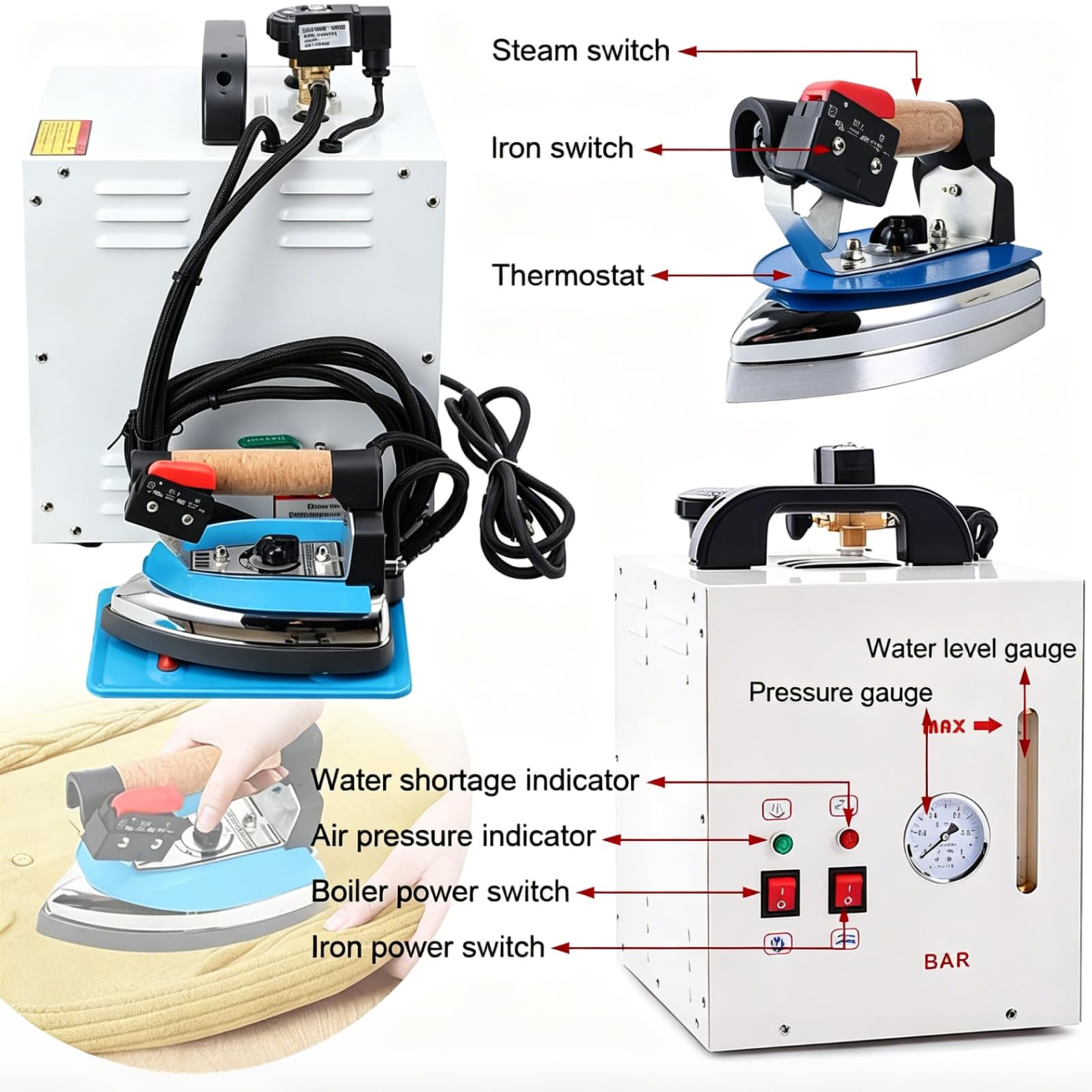 ZHENYUWANG Plancha de Vapor eléctrica de 1600 W, Plancha de Vapor Industrial de Acero Inoxidable para Ropa, Caldera de Vapor portátil con depósito de Agua de 4 litros y manómetro.