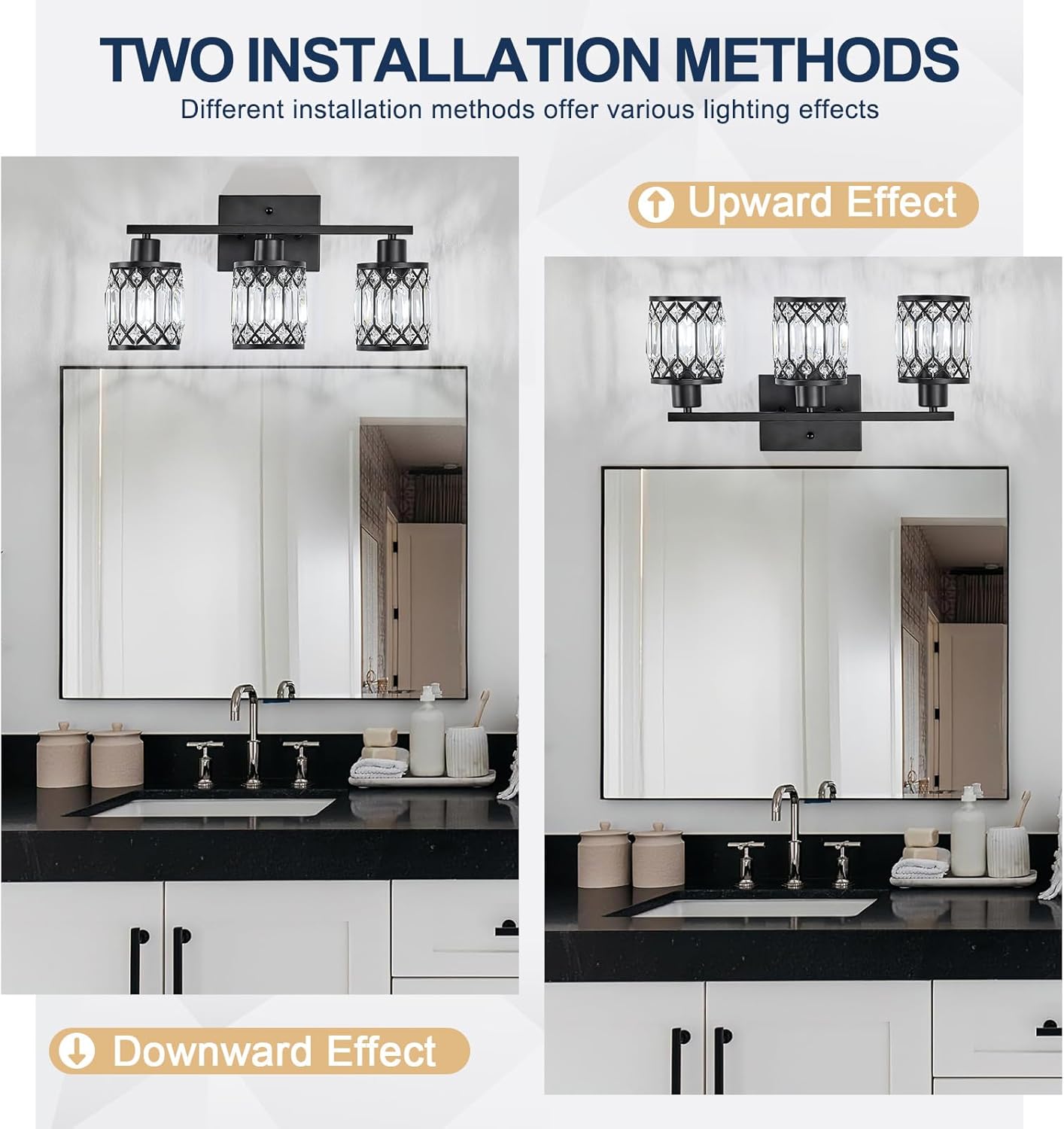 Crystal Modern Bathroom Light Fixtures, 3-Light Black Bathroom Vanity Wall Light, Vanity Lights for Mirror, Restroom, Bedroom (E26 Socket, Bulbs Not Included)