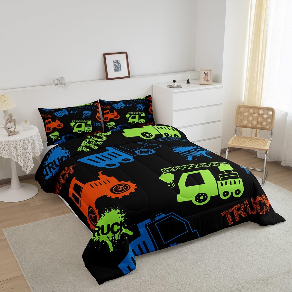 Feelyou Construction Bedding Set Equipment Trucks Comforter Set for Kids Boys Girls Teens Room Decor Excavator Tractor Comforter Full Size Cartoon Vehicles Purple Duvet Set 3Pcs