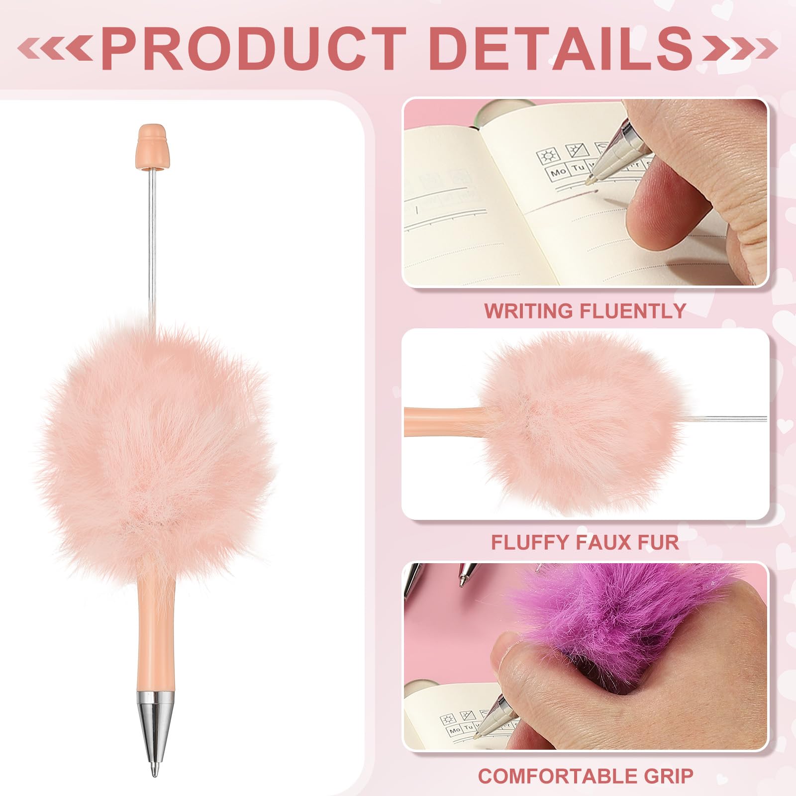 PATIKIL 5Pcs Fluffy Beadable Pens, Plush Fuzzy Plastic Bead Pen Bead Ballpoint for DIY Gift Writing Office Supplies Light Pink - Image 3