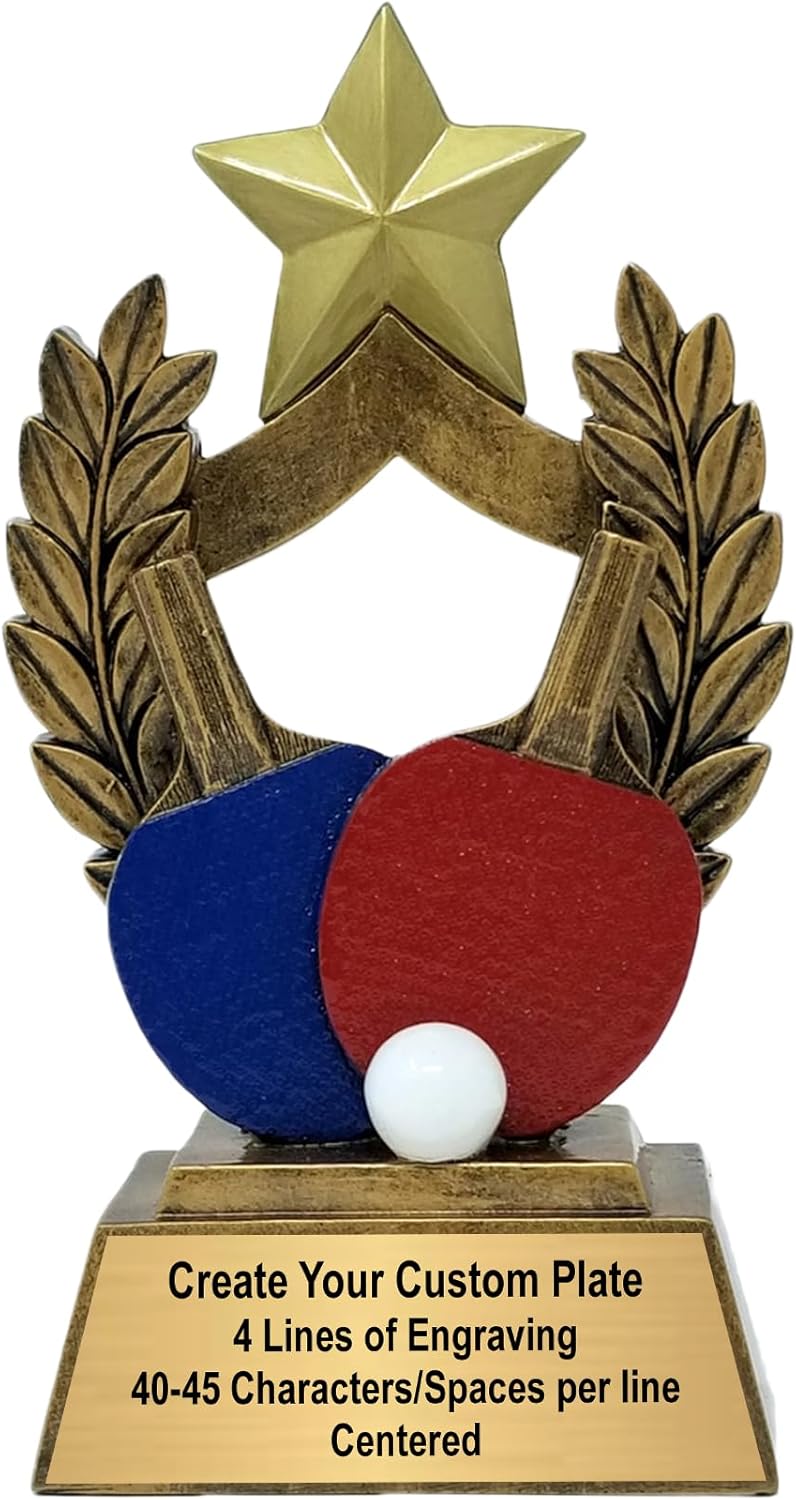 Decade Awards Personalized Ping Pong Trophy - Engraved Table Tennis Award with Red and Blue Paddles - Celebrate Ping Pong Champions - Paddle Ball Mastery Trophy - Customize Now (6 Inch)