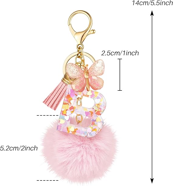SELOVO Initial Keychain Letter Butterfly Fluffy Ball Charms Cute Keychain for Key Handbag Backpack