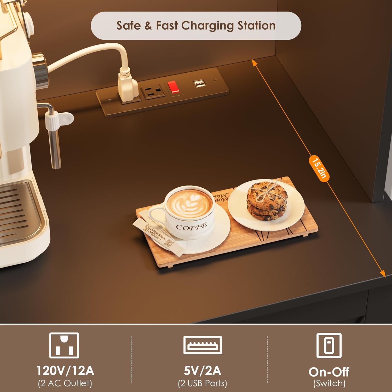 Close-up of the built-in charging station on the cabinet countertop with 2 AC outlets, 2 USB ports, and an on/off switch