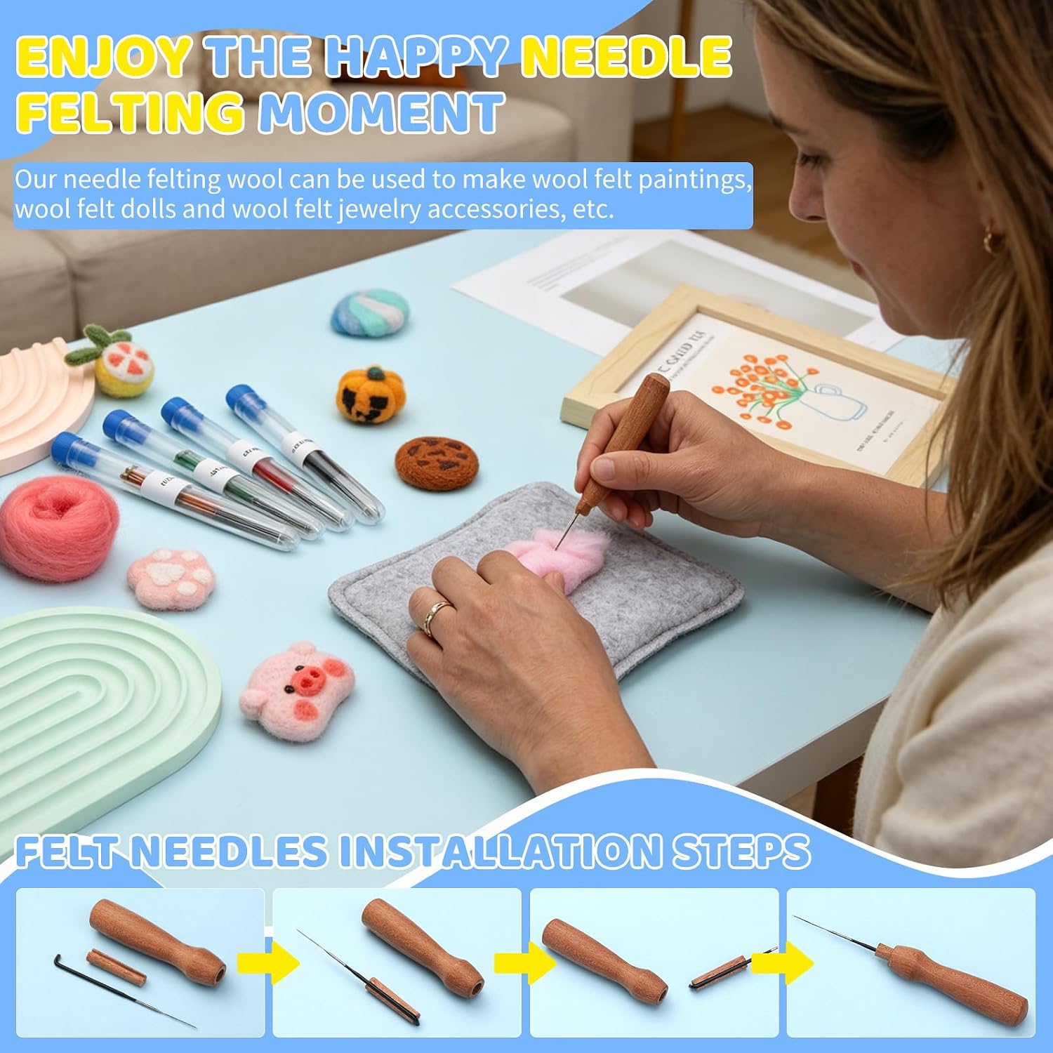 OEHPICC 40 Pcs Needle Felting Needles Set, with 4 Color-Coding Gauges, 36/38/40/42 Gauge with Wooden Handle Felting Needles for Beginners DIY Projects