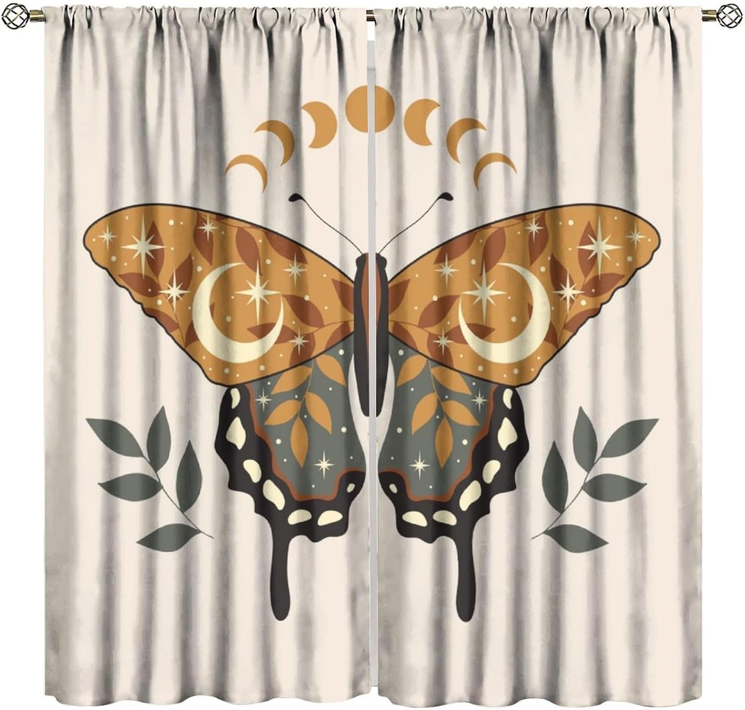 Moth Curtains Purple Sun Moon Star Plant Pattern Blackout Print Rod Pocket Window Drapes for Bedroom Living Room 42x45in