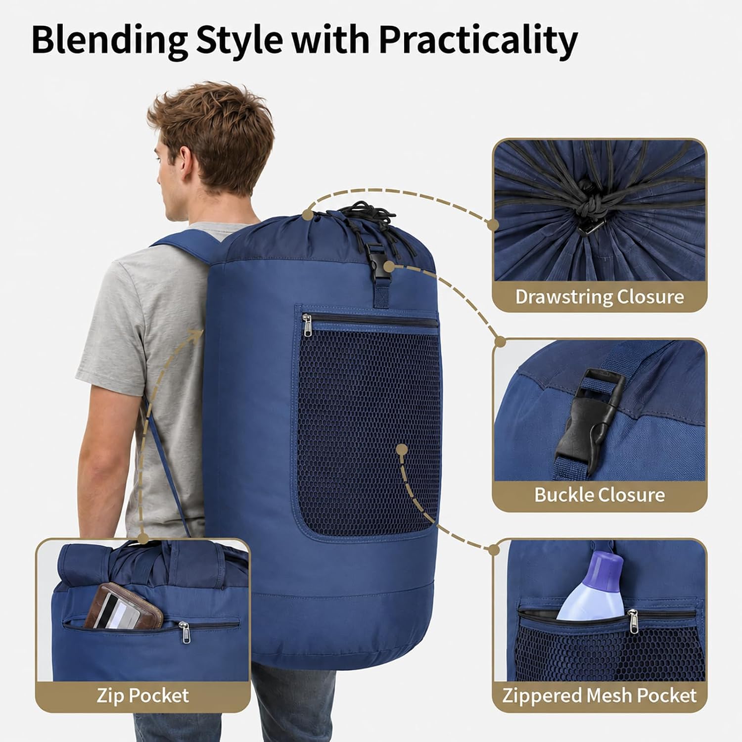 F-color Laundry Backpack for College, 75L Laundry Bag, Dark Blue