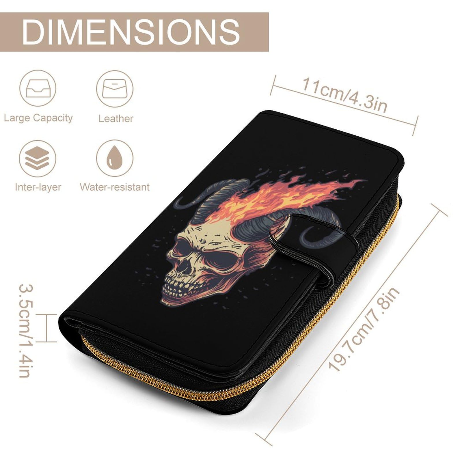 Skull Goat Long Wallet PU Leather Credit Card Holder Durable Zippered Purse Clutch Wallet